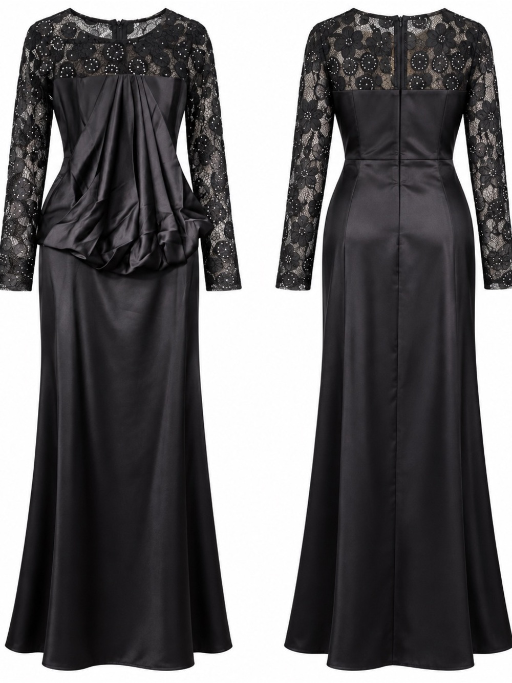 Black Satin Lace Rhinestone Formal Maxi Gown Long Sleeve XL 1X